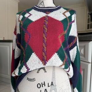 Vintage multicultured argyle knit cotton sweater